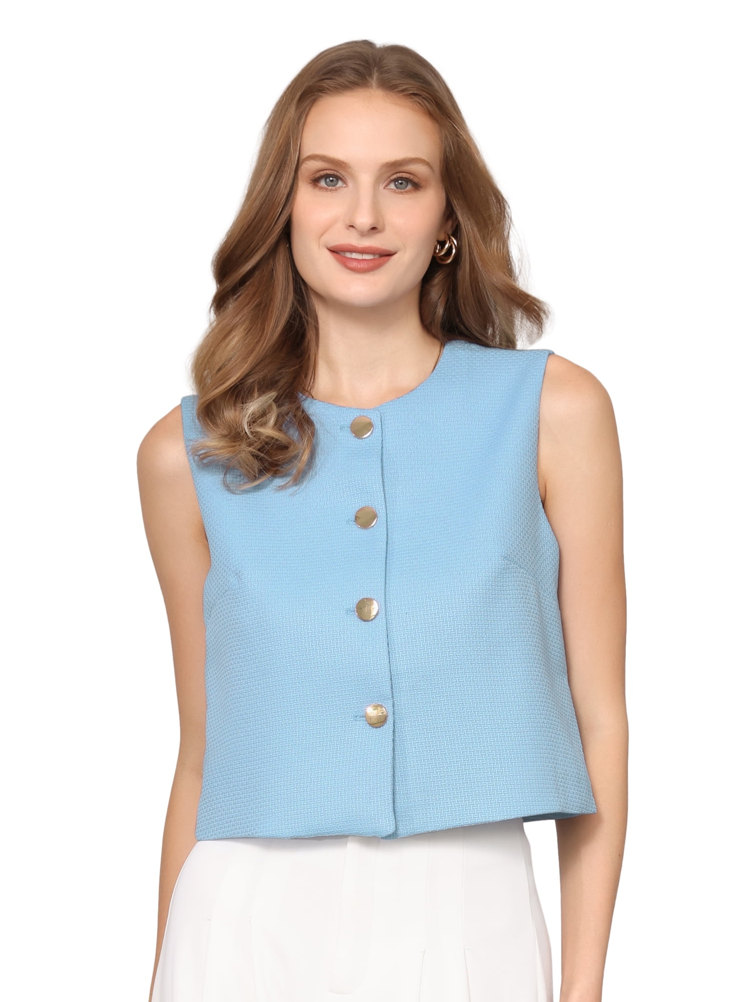 DARING DIVA Women's Button Down Sleeveless Tweed Dressy Vest Top 2XL Light Blue