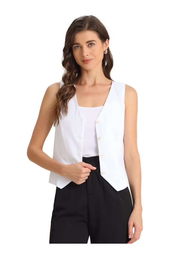 Women's Button Down Sleeveless V Neck Crop Top Summer Vest L Cream White