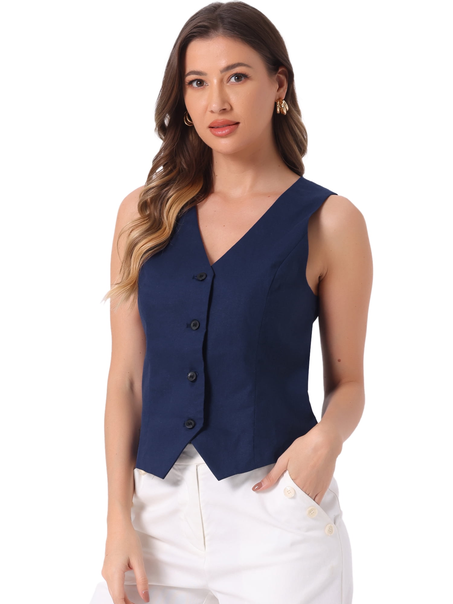 DARING DIVA Women's Button Down Sleeveless V Neck Crop Top Summer Vest L Deep Blue