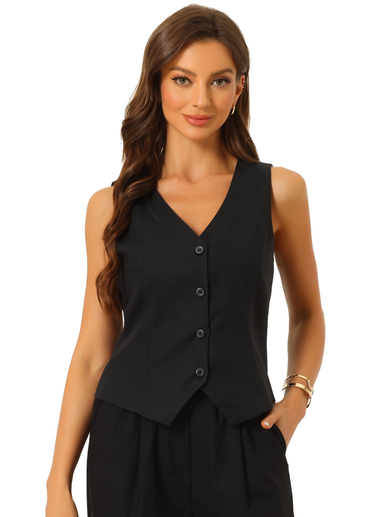 DARING DIVA Women's Button Down Sleeveless V Neck Crop Top Summer Vest M Black