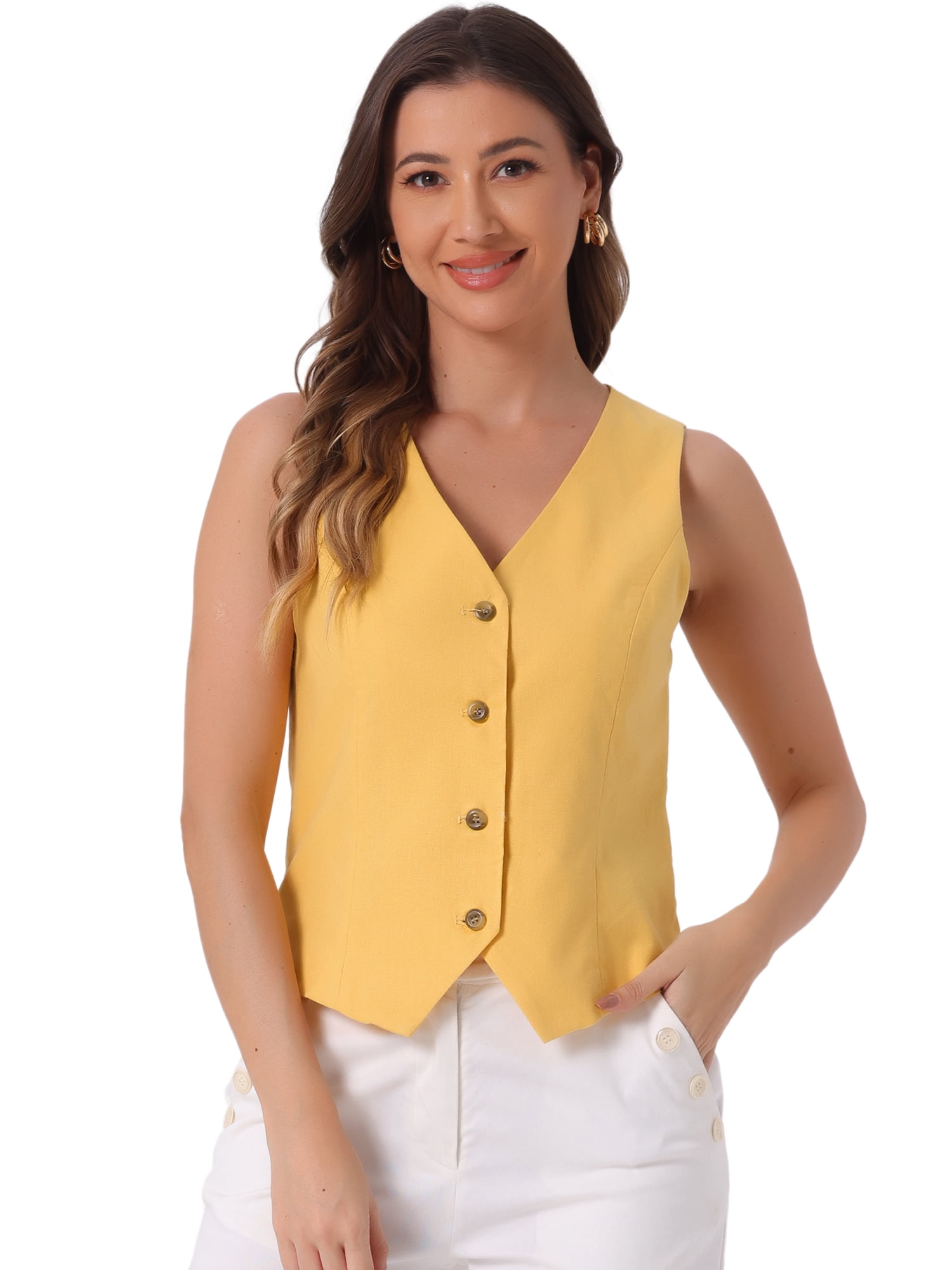 DARING DIVA Women's Button Down Sleeveless V Neck Crop Top Summer Vest S Yellow