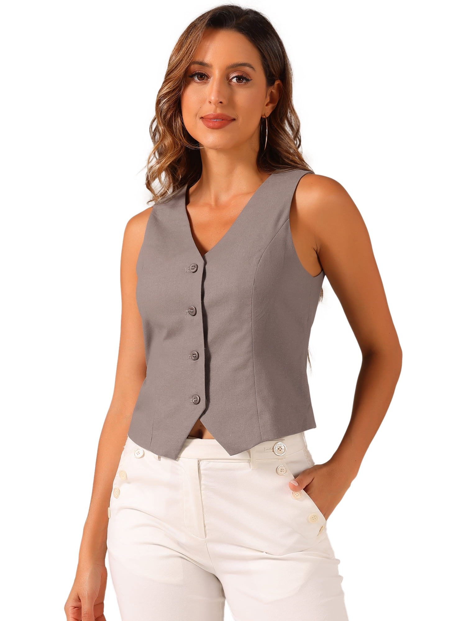 DARING DIVA Women's Button Down Sleeveless V Neck Crop Top Summer Vest XL Dark Grey