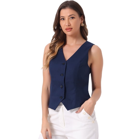 DARING DIVA Women's Button Down Sleeveless V Neck Crop Top Summer Vest XL Deep Blue