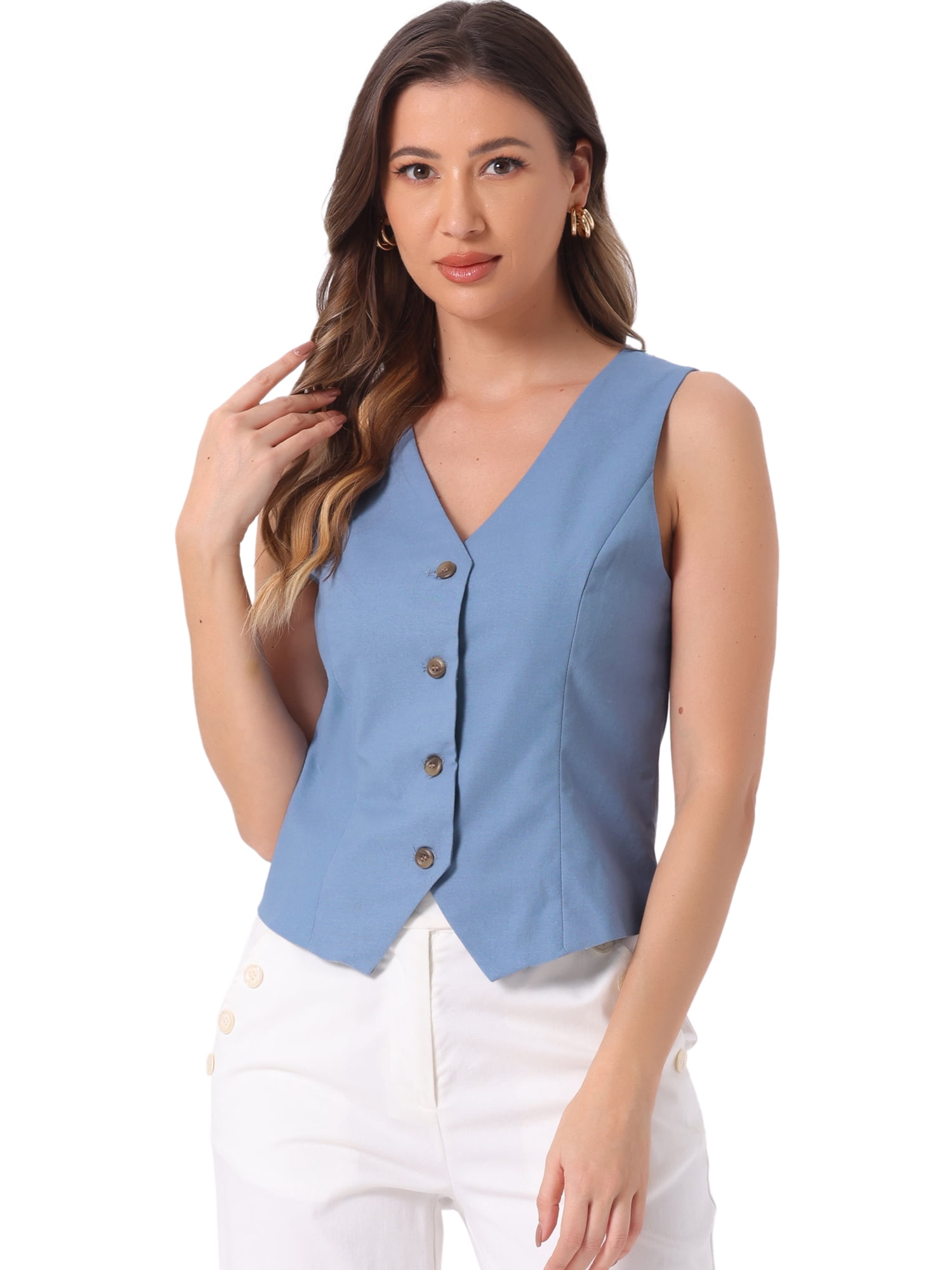 DARING DIVA Women's Button Down Sleeveless V Neck Crop Top Summer Vest XL Light Blue