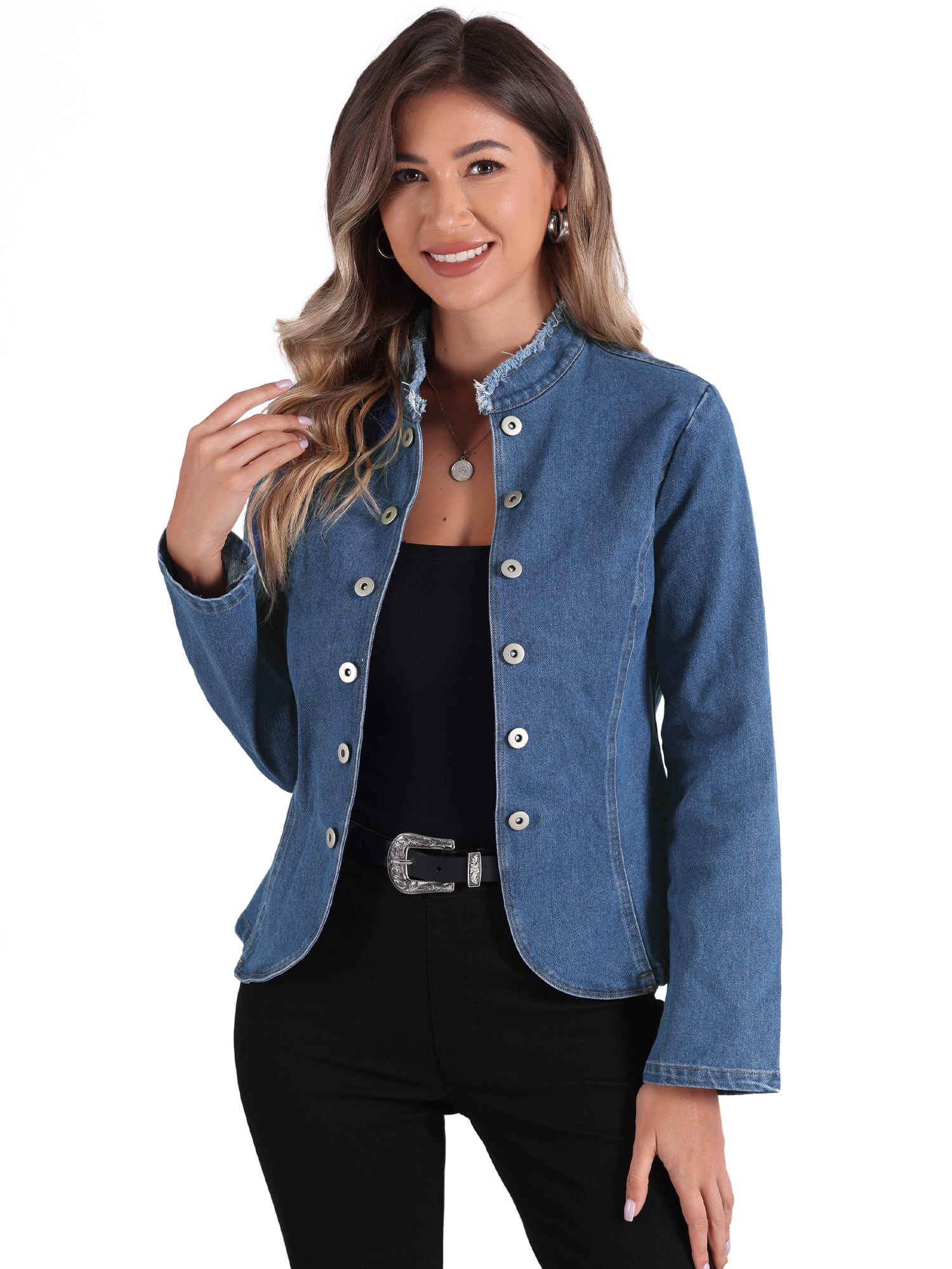DARING DIVA Women's Denim Blazer Open Front Casual Stand Collar Jeans Jacket L Blue