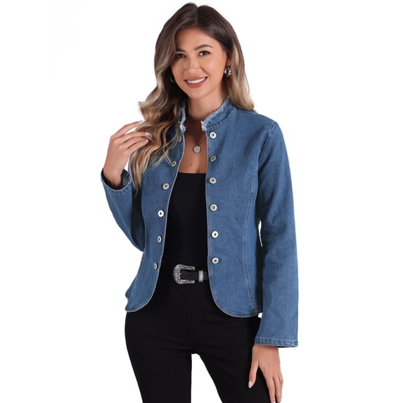 DARING DIVA Women's Denim Blazer Open Front Casual Stand Collar Jeans Jacket XS Blue
