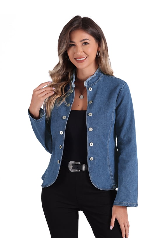 Women's Button Down Stand Collar Denim Blazer XS Blue
