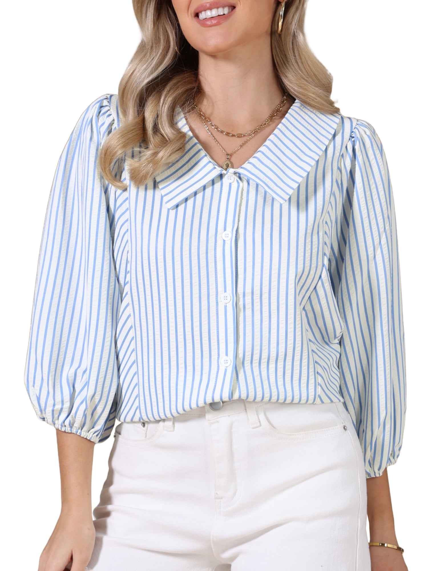 DARING DIVA Women's Button Down Striped Dressy Blouse Ruffled Sleeve S Blue