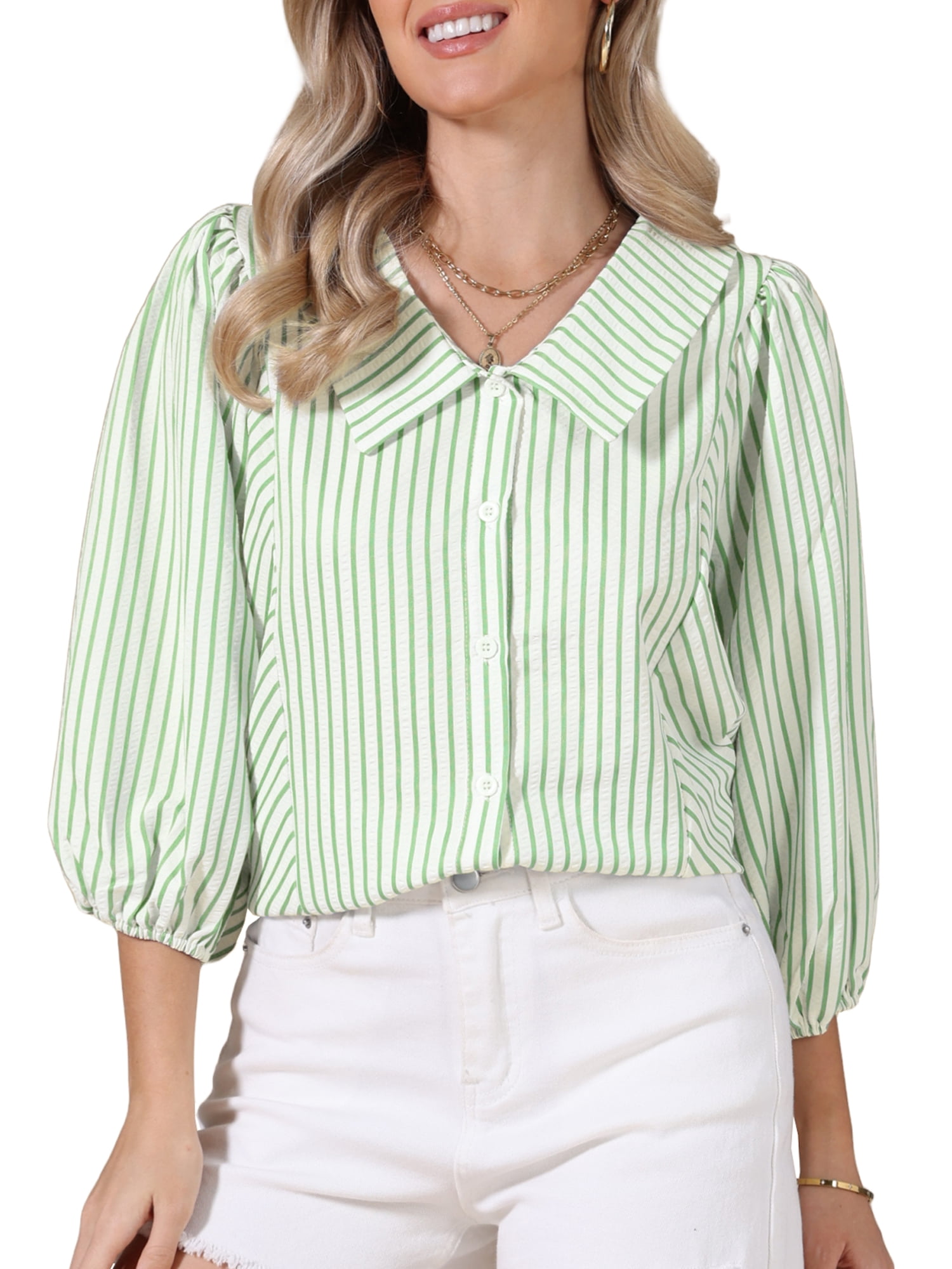 DARING DIVA Women's Button Down Striped Dressy Blouse Ruffled Sleeve XL Green