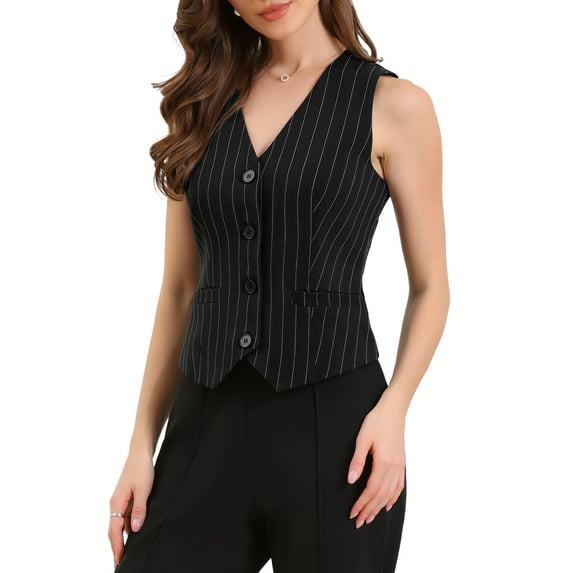 DARING DIVA Women's Button Down Striped Waistcoat Top XS Black