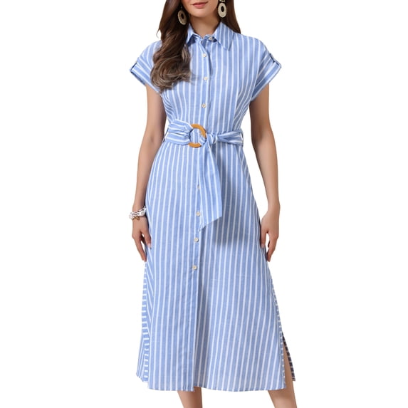DARING DIVA Women's Button Down Tie Waist Side Slit Striped Midi Dresses S Blue and White