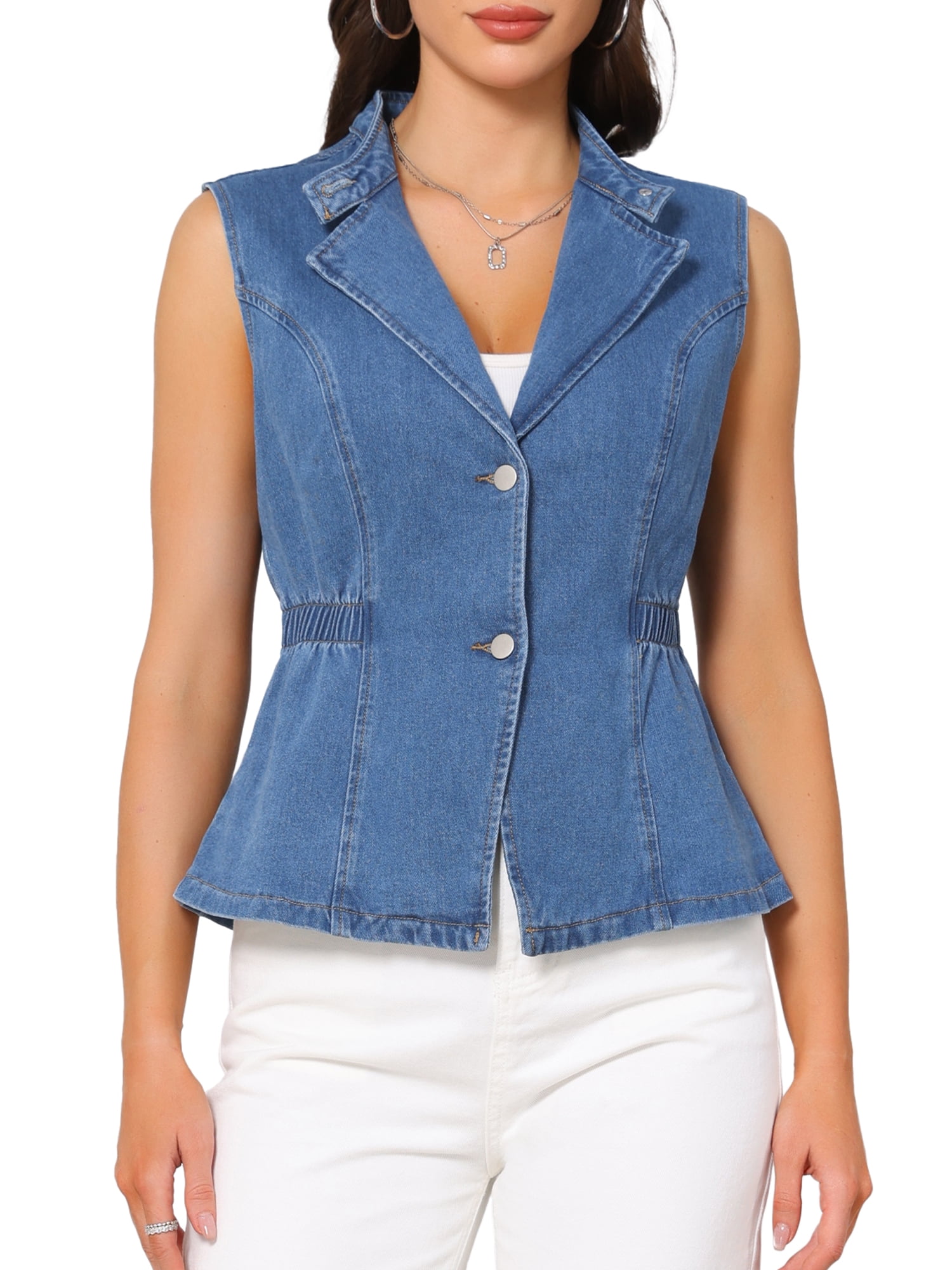 DARING DIVA Women's Button Down V Neck Elastic Waist Sleeveless Waistcoat 2XL Blue