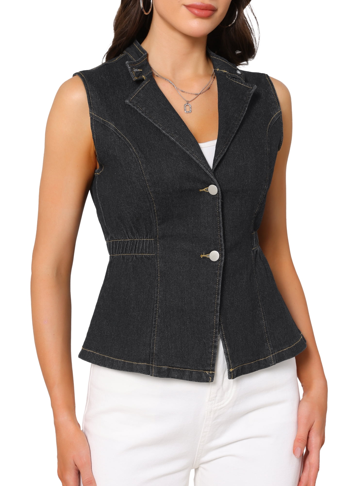 DARING DIVA Women's Button Down V Neck Elastic Waist Sleeveless Waistcoat L Black