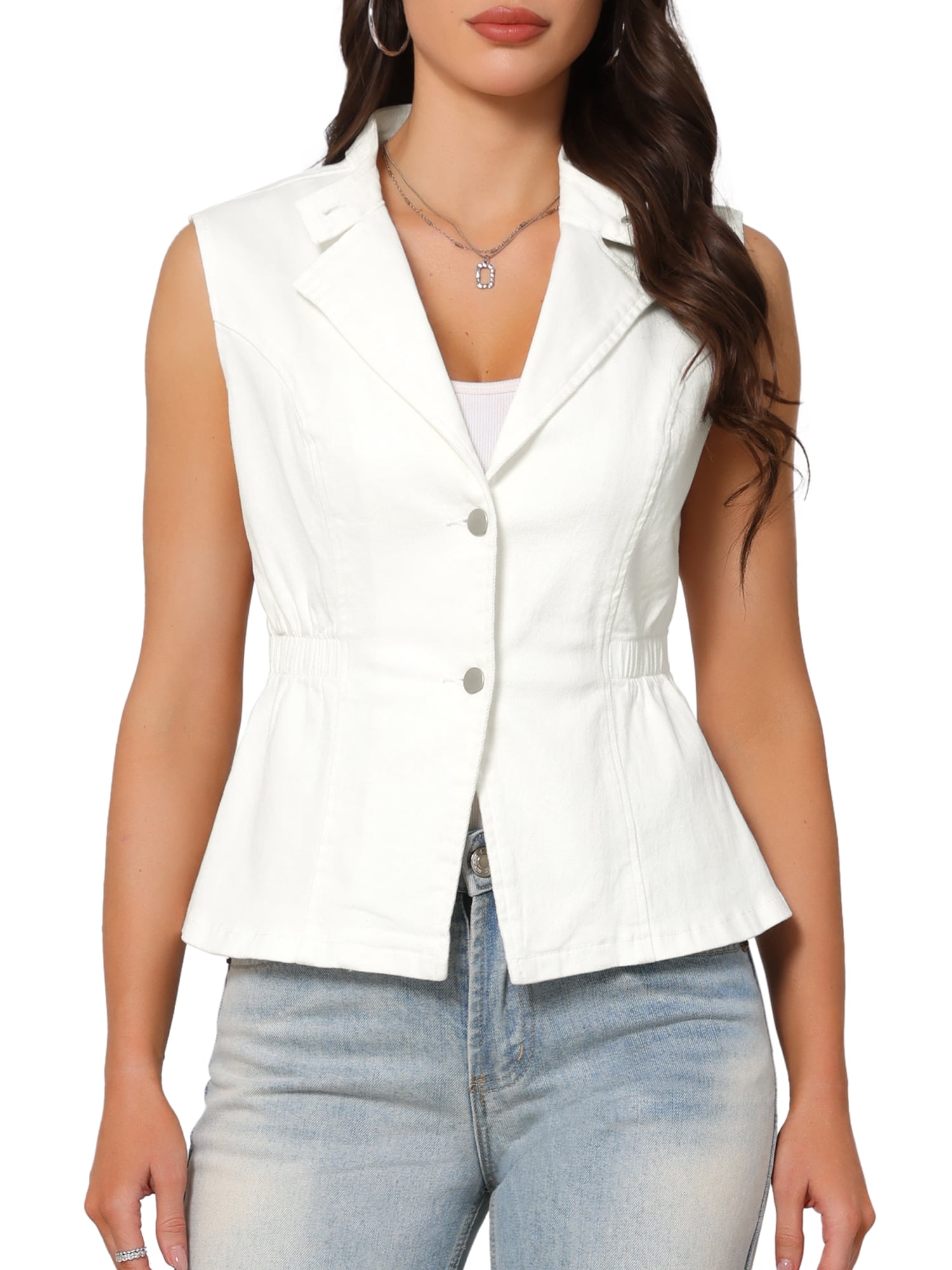 DARING DIVA Women's Button Down V Neck Elastic Waist Sleeveless Waistcoat L White