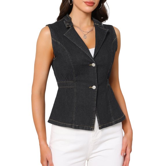 DARING DIVA Women's Button Down V Neck Elastic Waist Sleeveless Waistcoat S Black