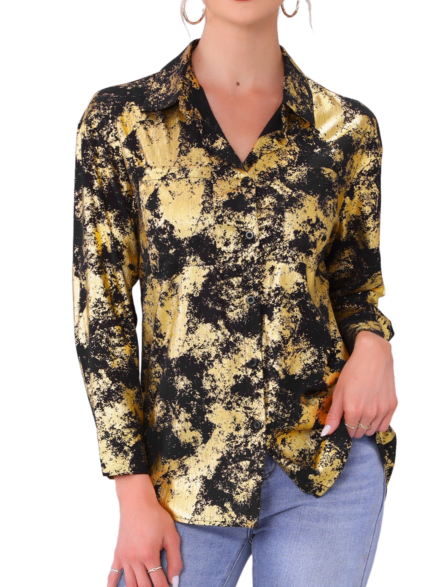 DARING DIVA Women's Button Down V Neck Long Sleeve Loose Blouse Shirt L Black