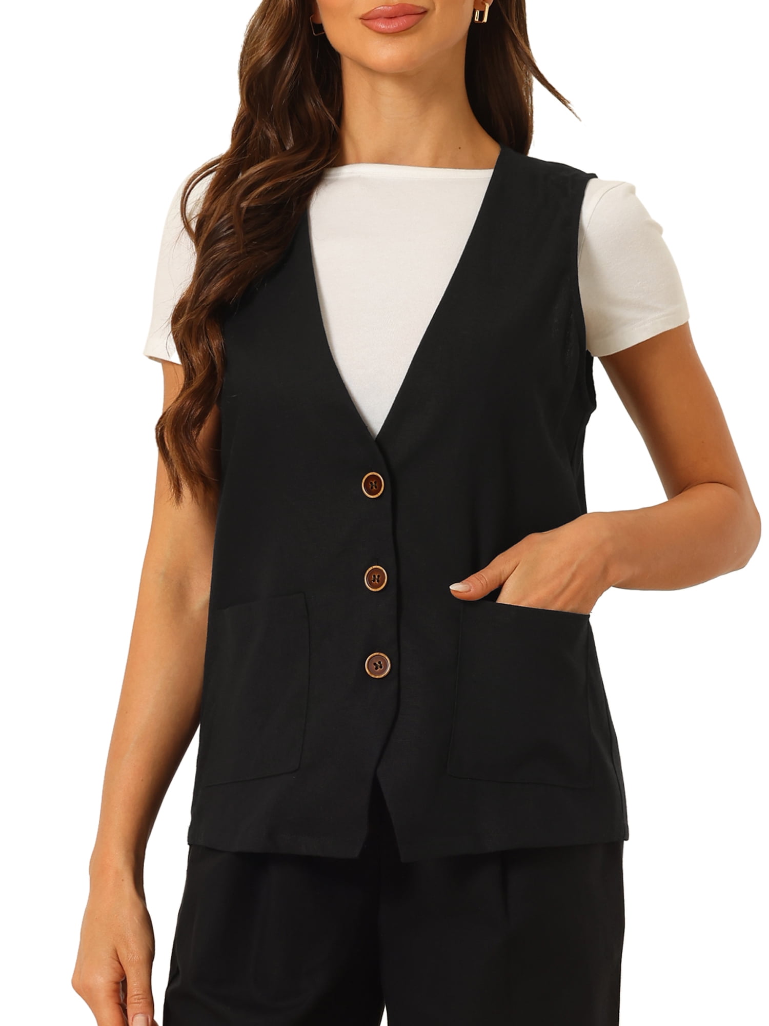 DARING DIVA Women's Button Down Vest Linen V Neck Summer Waistcoat S Black
