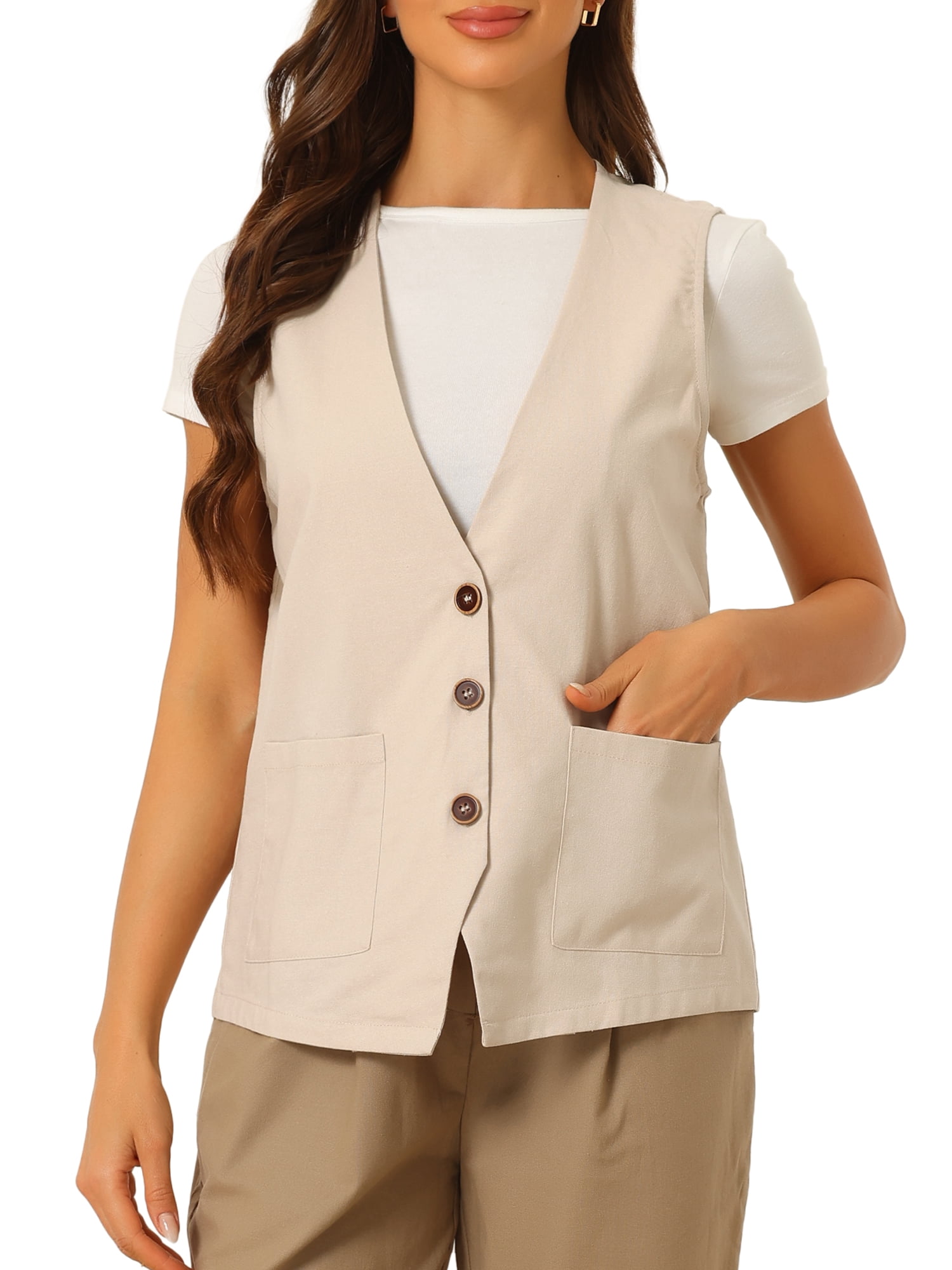DARING DIVA Women's Button Down Vest Linen V Neck Summer Waistcoat S Khaki