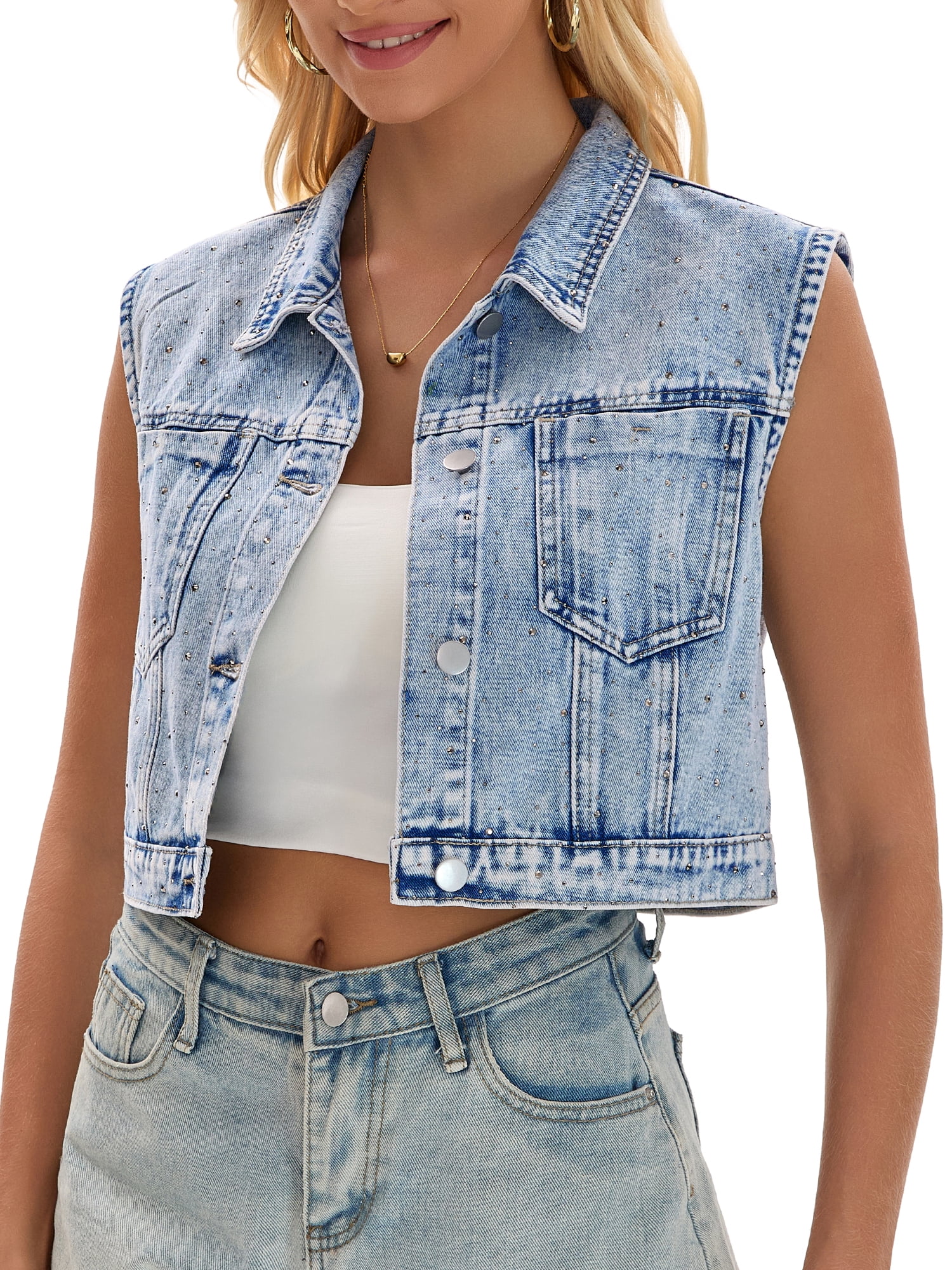 DARING DIVA Women's Button Down Washed Sleeveless Jean Jacket XL Light Blue