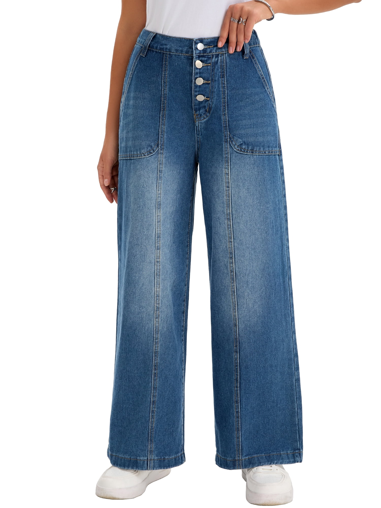 DARING DIVA Women's Button Fly Stretchy Straight Loose Denim Wide Leg Pants L Blue