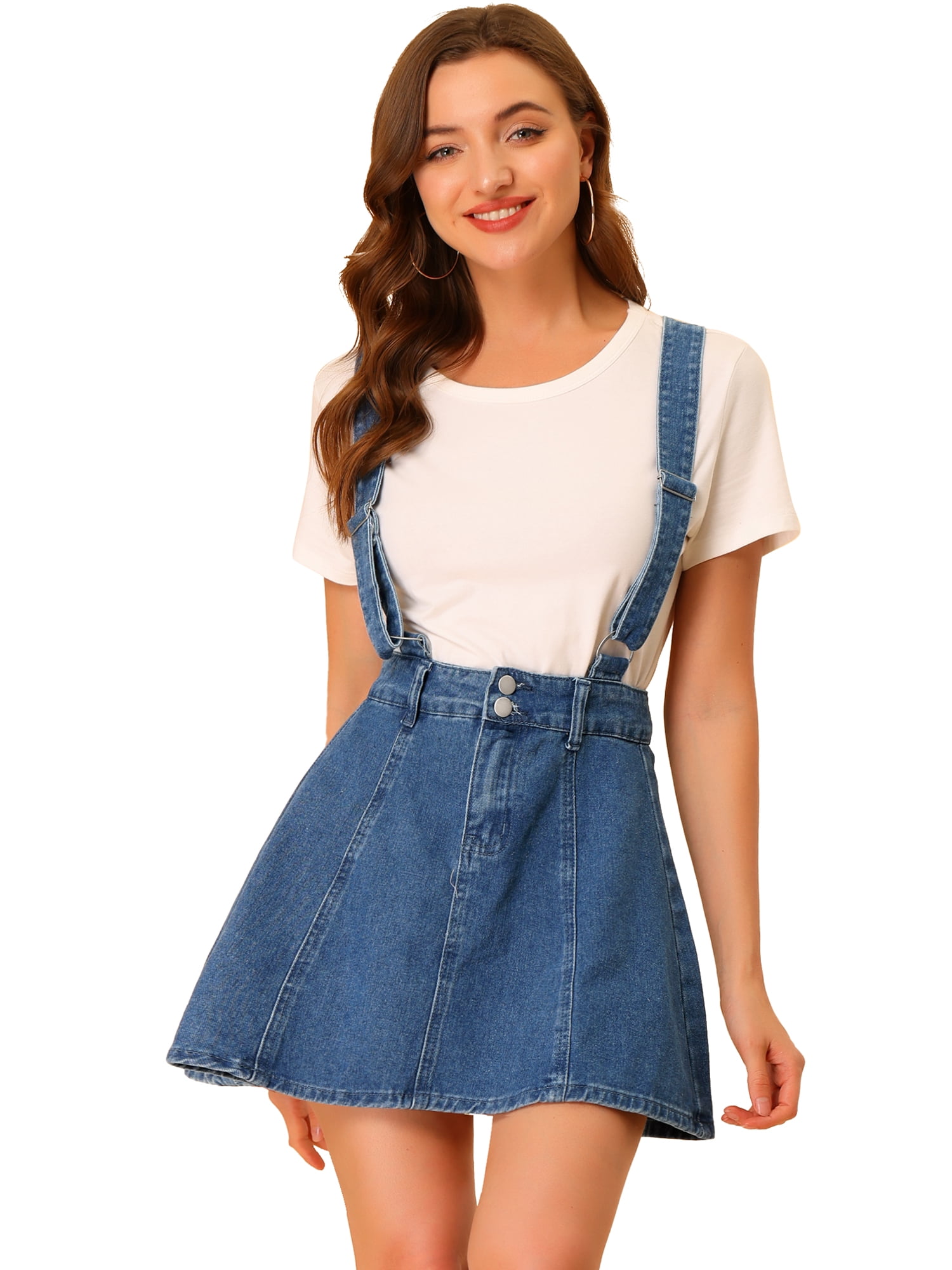 DARING DIVA Women's Button Front A Line Mini Suspender Skirt XS M Blue