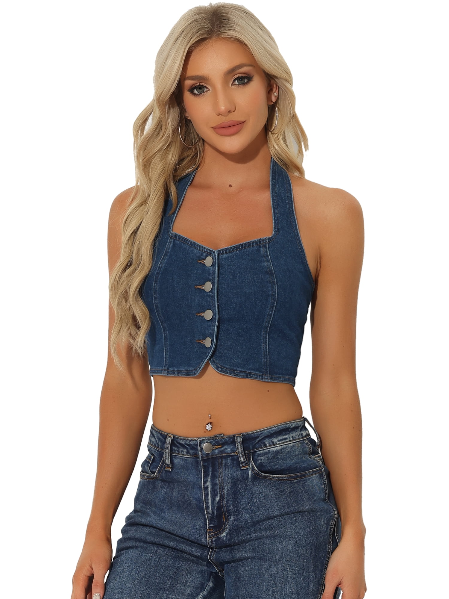 DARING DIVA Women's Button Front Halter Denim Crop Tank Tops XS Dark Blue