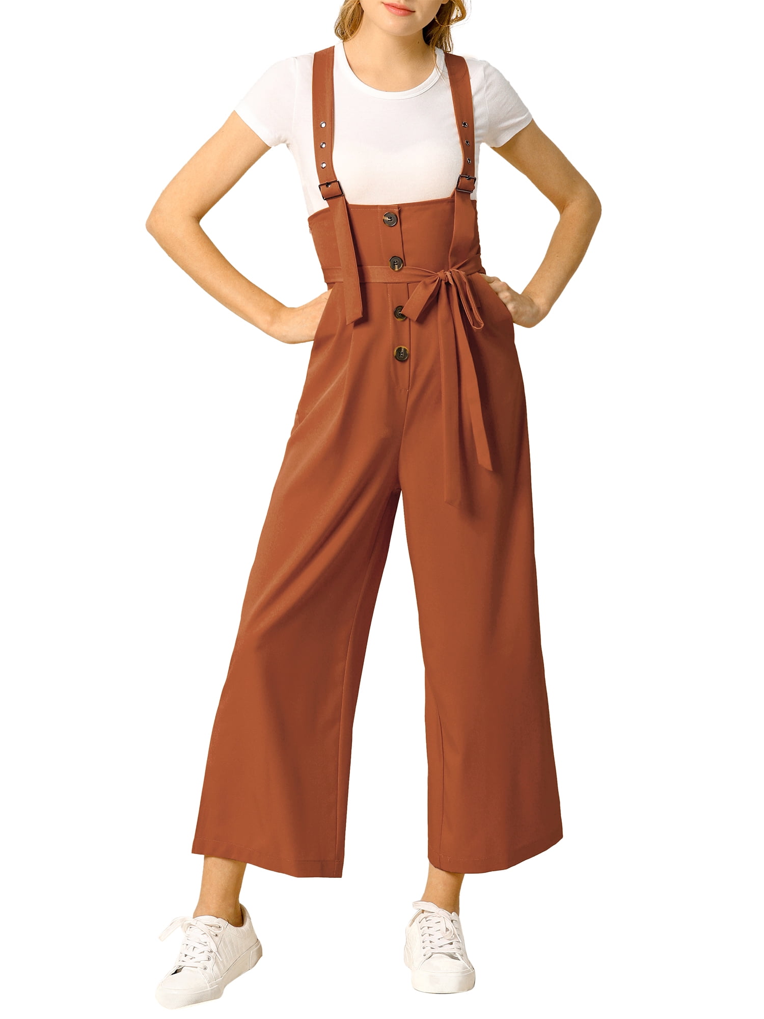 DARING DIVA Women's Button Front High Waist Belted Overall Jumpsuit L Brown