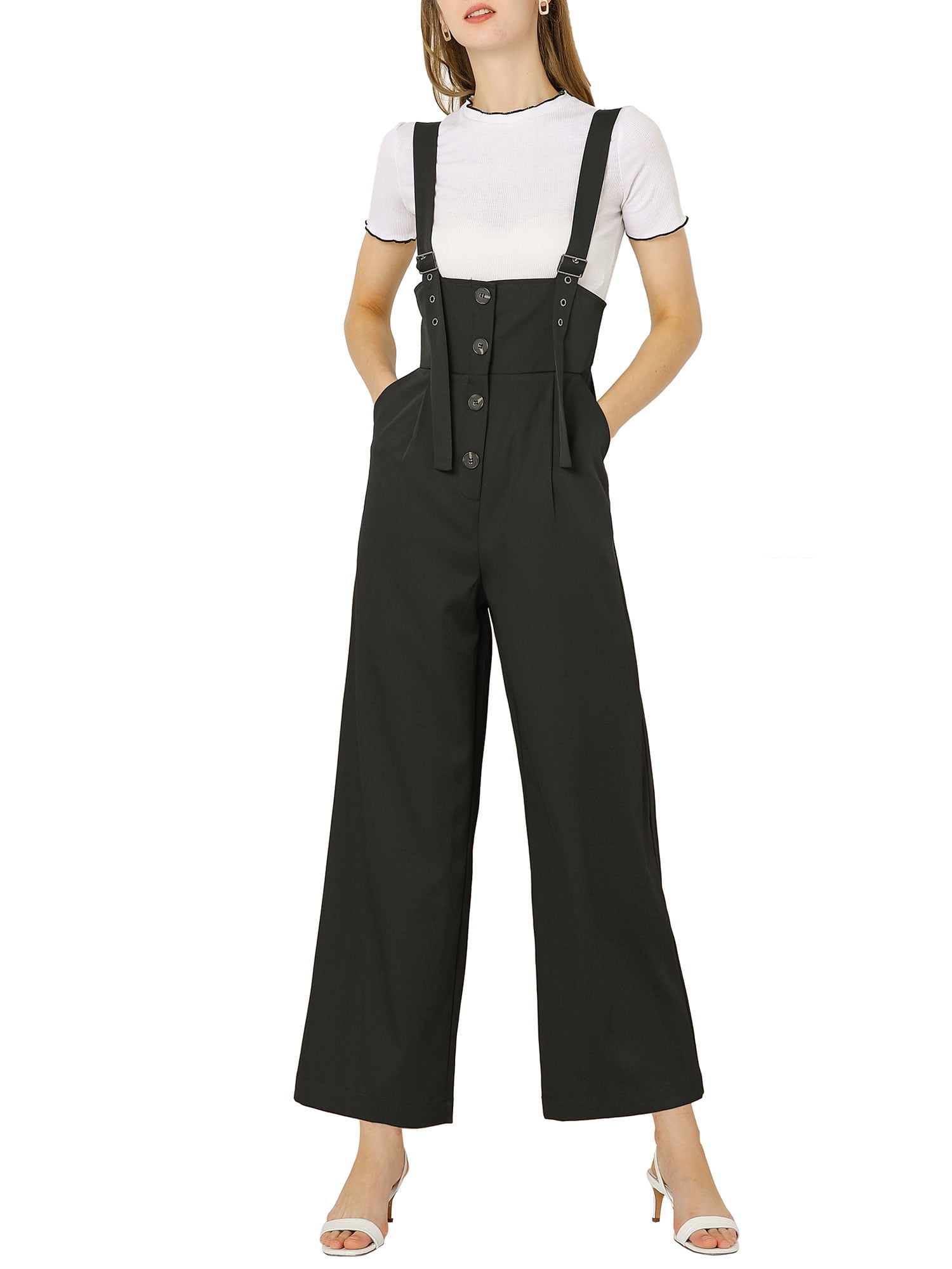 DARING DIVA Women's Button Front High Waist Belted Overall Jumpsuit M Black