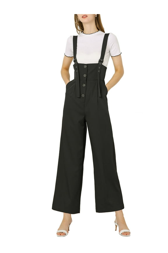 Women's Button Front High Waist Belted Overall Jumpsuit M Black