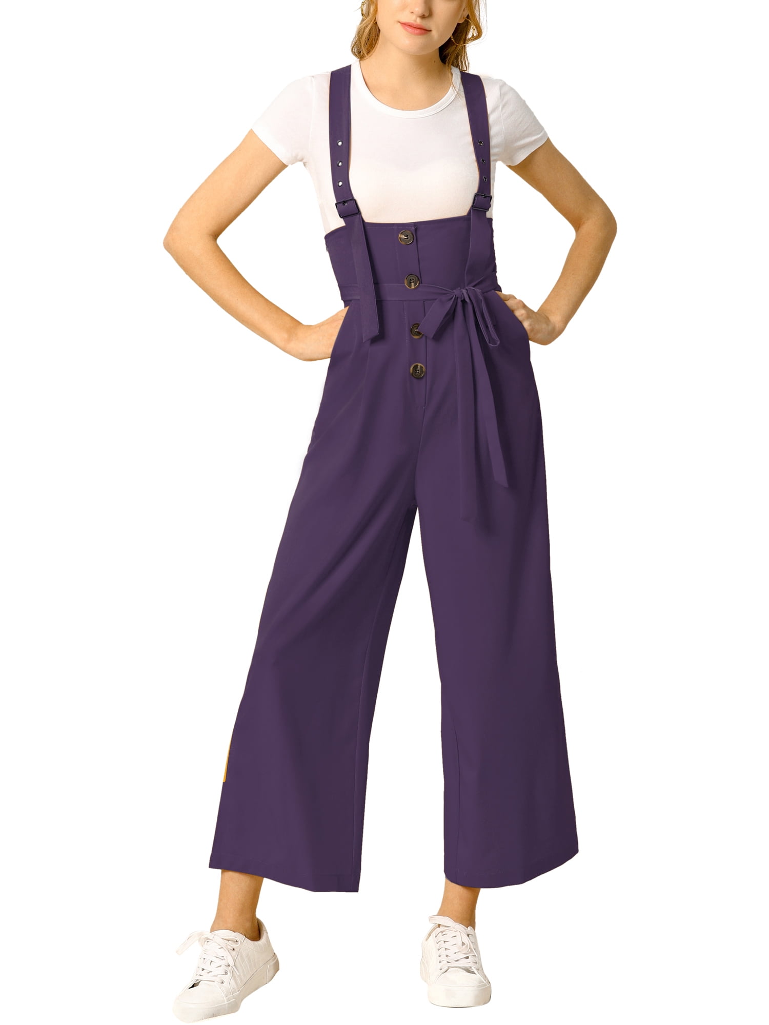 DARING DIVA Women's Button Front High Waist Belted Overall Jumpsuit M Dark Purple