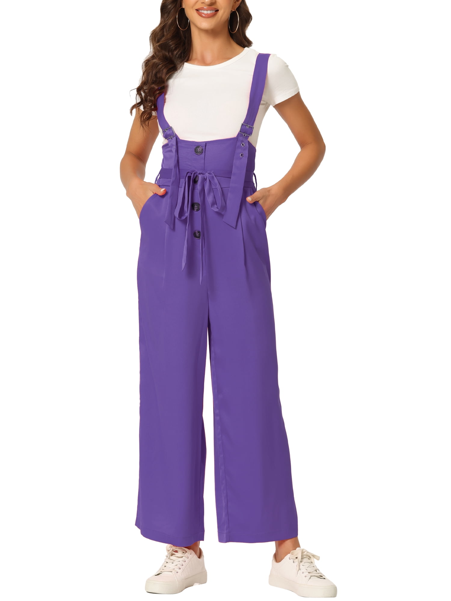 DARING DIVA Women's Button Front High Waist Belted Overall Jumpsuit M Grape