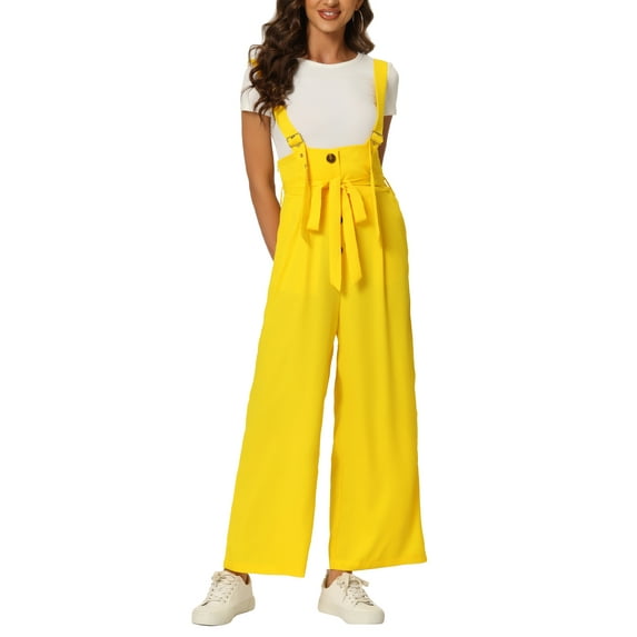 DARING DIVA Women's Button Front High Waist Belted Overall Jumpsuit M Light Yellow