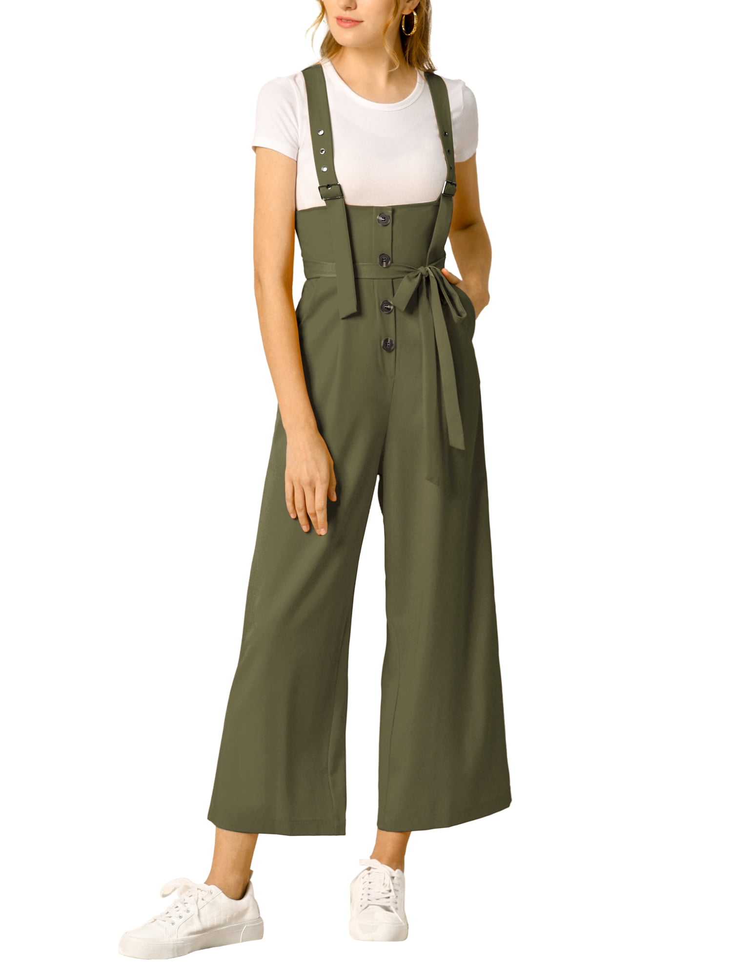 DARING DIVA Women's Button Front High Waist Belted Overall Jumpsuit S Army Green