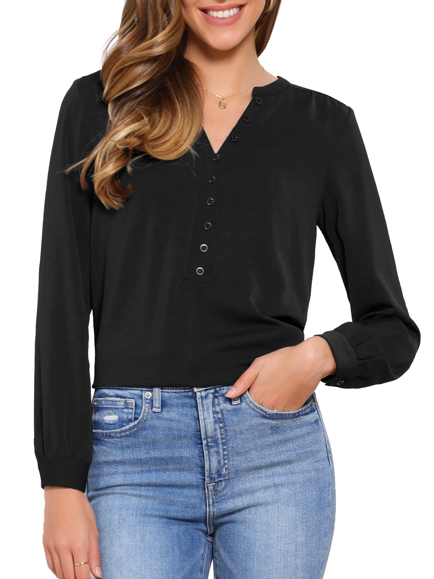 DARING DIVA Women's Long Sleeve Formal Button Front V Neck Work Top M Black