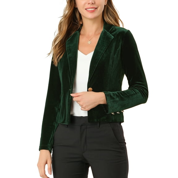 DARING DIVA Women's Button Front Velvet Blazer Lapel Crop Suit Jacket L Green
