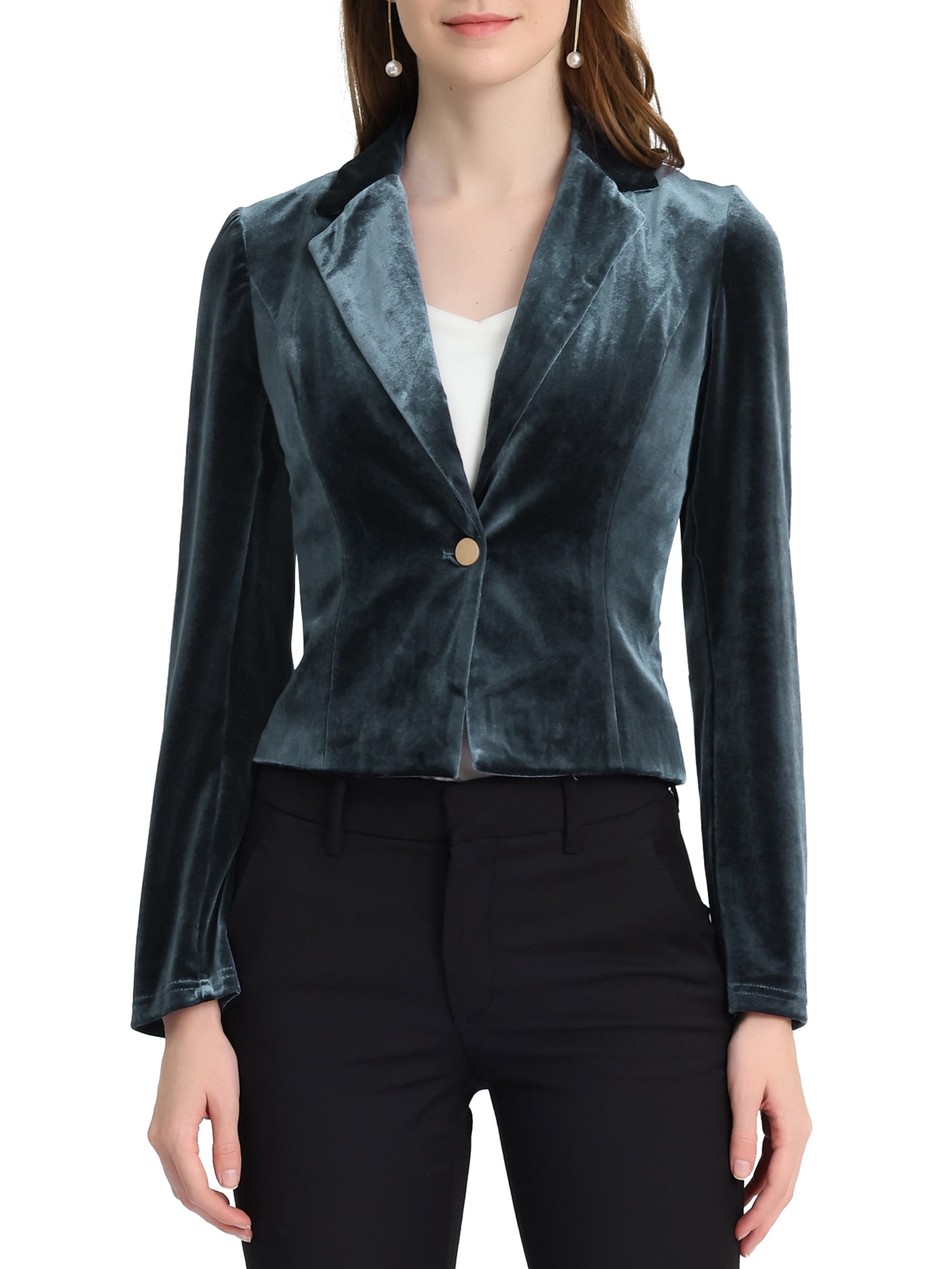 DARING DIVA Women's Button Front Velvet Blazer Lapel Crop Suit Jacket M Grey Blue