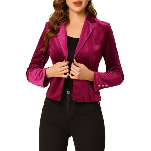 DARING DIVA Women's Button Front Velvet Blazer Lapel Crop Suit Jacket S Burgundy