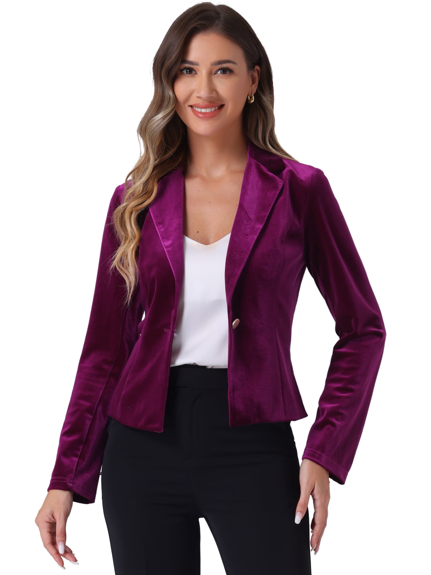 DARING DIVA Women's Button Front Velvet Blazer Lapel Crop Suit Jacket XL Deep Purple