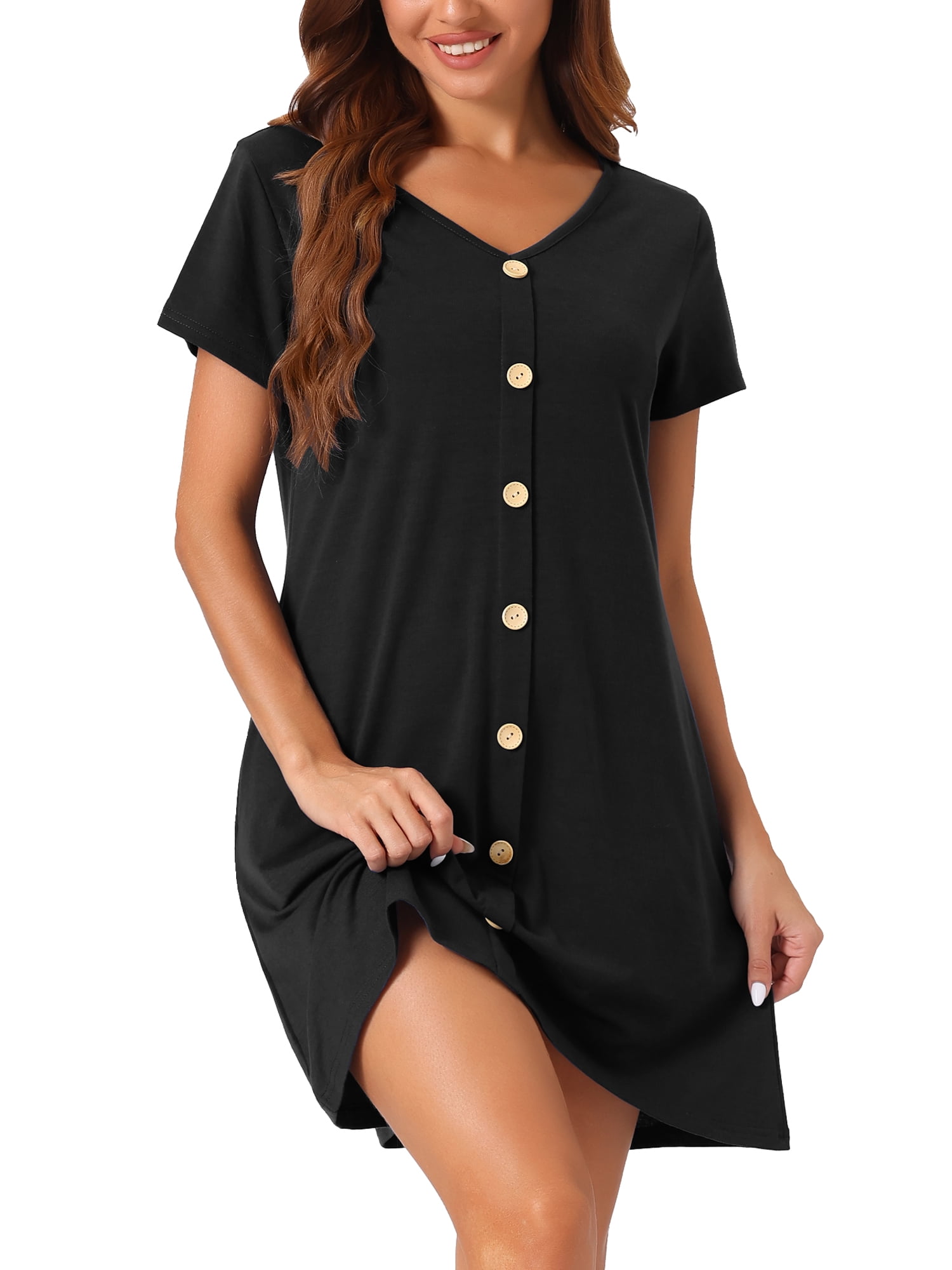 DARING DIVA Women's Button Short Sleeve Soft Short Nightgown XS Black
