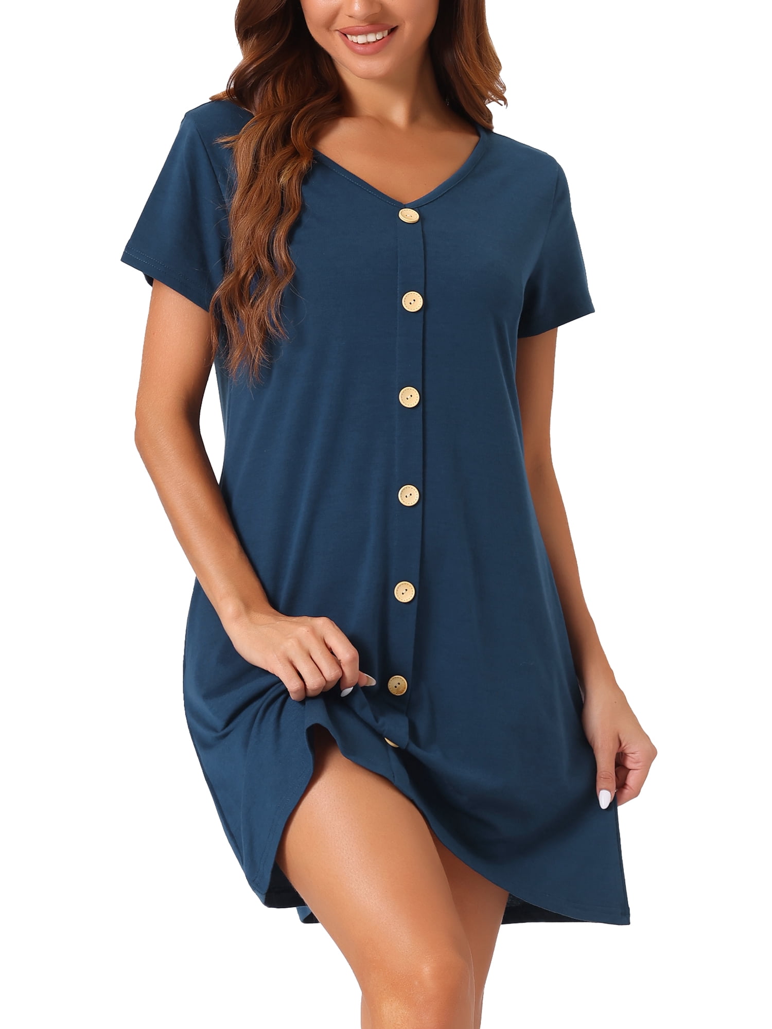 DARING DIVA Women's Button Short Sleeve Soft Short Nightgown XS Navy Blue