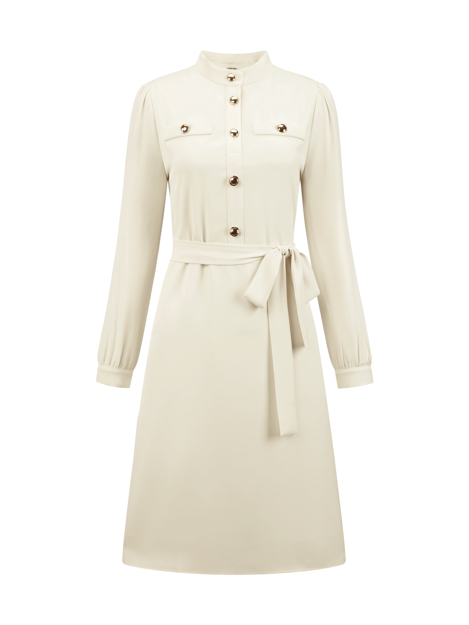 DARING DIVA Women's Button Up Long Sleeve Tie Waist Dress L Beige