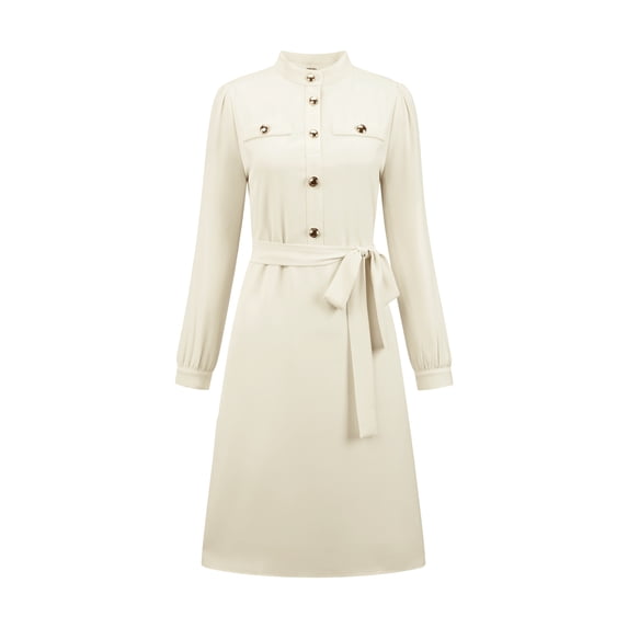 DARING DIVA Women's Button Up Long Sleeve Tie Waist Dress S Beige