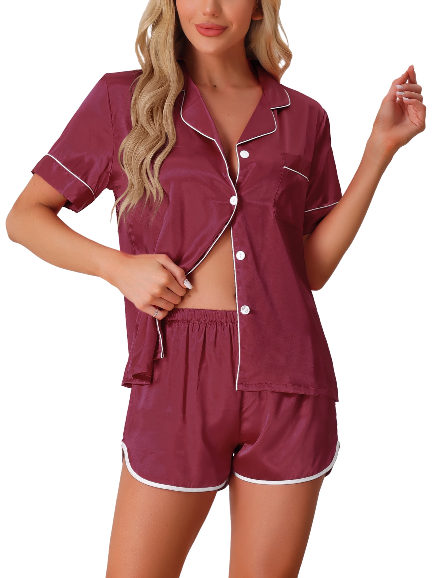 DARING DIVA Women's Satin Button Up Pajamas Short Sleeve Tops with Shorts M Red