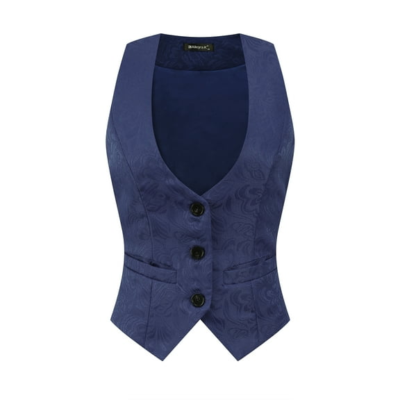 DARING DIVA Women's Button Up Steampunk Jacquard Sleeveless Suit Vest L Dark Blue