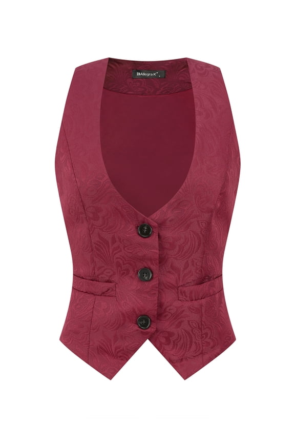 Women's Button Up Steampunk Jacquard Sleeveless Suit Vest S Burgundy