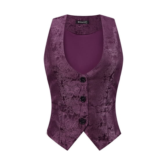 DARING DIVA Women's Button Up Steampunk Jacquard Sleeveless Suit Vest XL Dark Purple