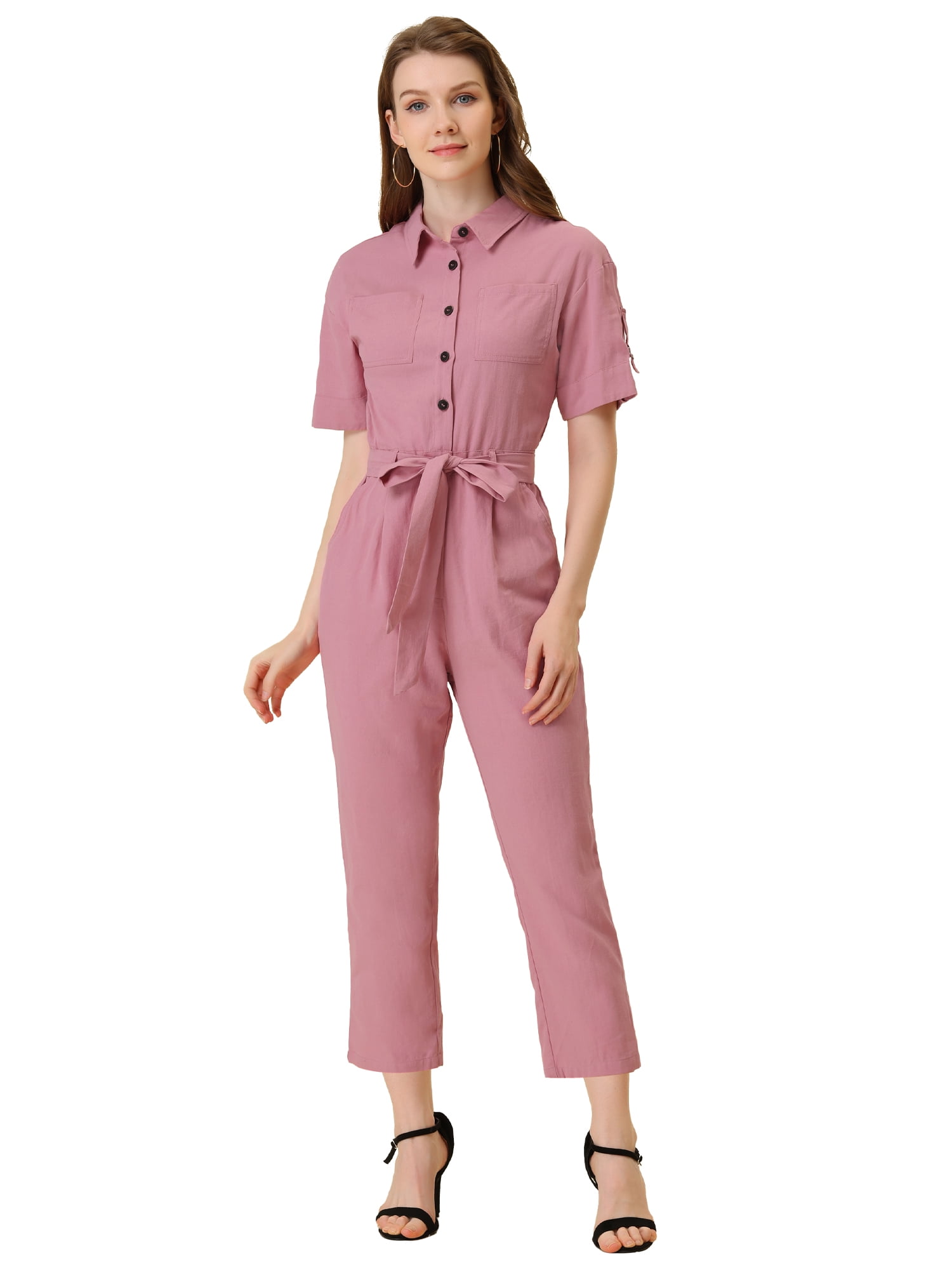 DARING DIVA Women's Button Up Tie Waist Jumpsuit with Pockets L Pink