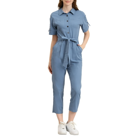 DARING DIVA Women's Button Up Tie Waist Jumpsuit with Pockets M Blue