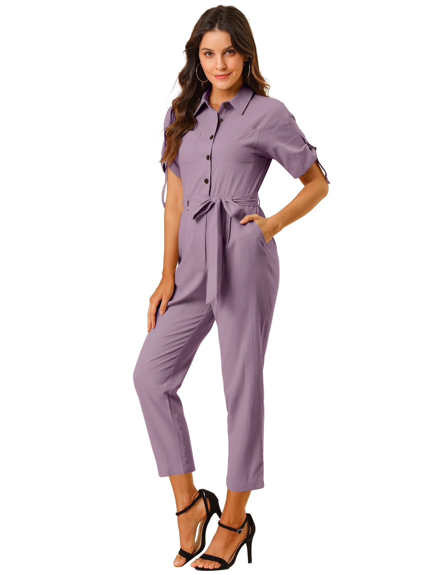DARING DIVA Women's Button Up Tie Waist Jumpsuit with Pockets M Dusty Purple