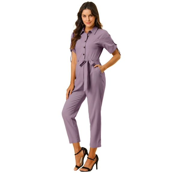 DARING DIVA Women's Button Up Tie Waist Jumpsuit with Pockets M Dusty Purple